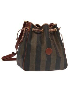 Authentic FENDI Pecan Canvas Shoulder Bag Brown Black Gold